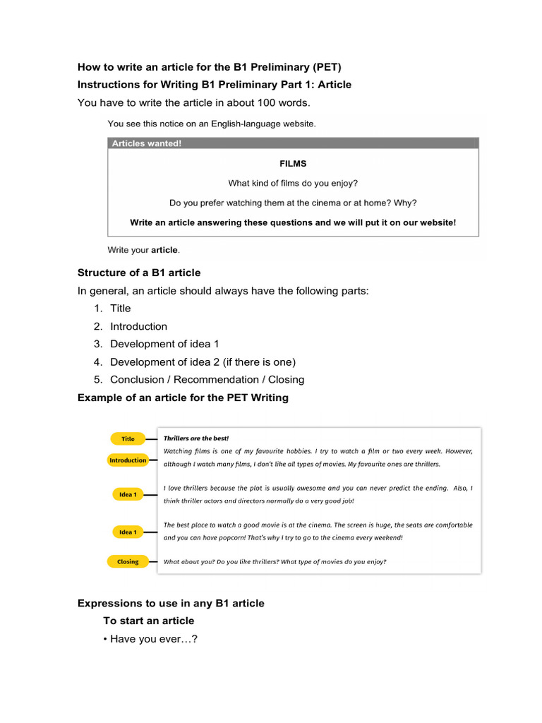 How to Write an Article for the B1 Preliminary | PDF