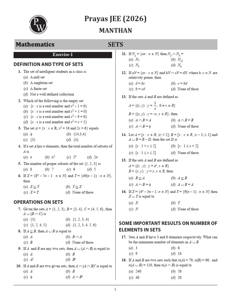 Sets Standard Practice Sheet (JEE Mains)- Manthan | PDF | Discrete ...