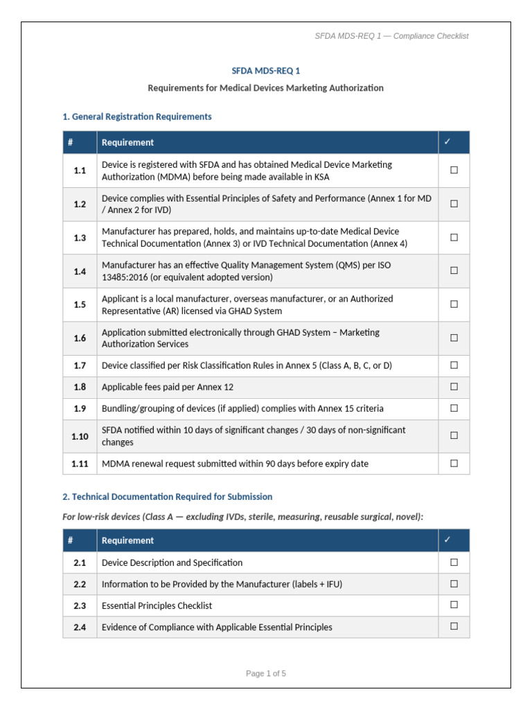 SFDA REQ1 Checklist | PDF | Medical Device | Verification And Validation