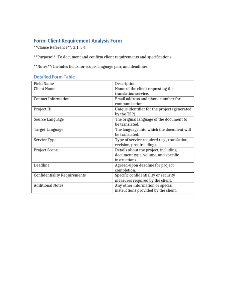 1 Client Requirement Analysis Form Detailed | PDF