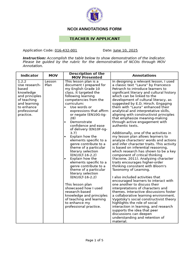 Teacher Carina TIV NCOI Annotations Form | PDF | Learning ...