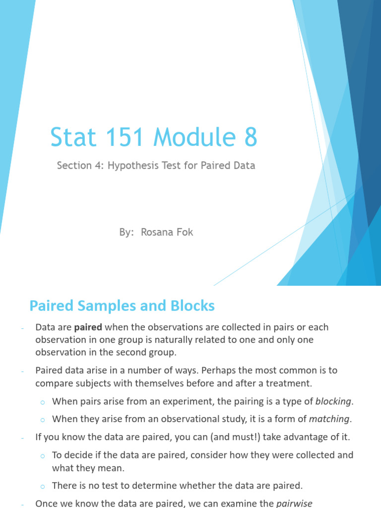 Module 8 - Section 4 - Hypothesis Test for Paired Data - Notes | PDF ...