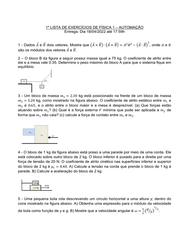 1º Lista de Exercícios de Física 1 - Automação-2022 | PDF | Massa ...