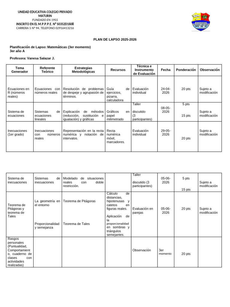 Planificación de Lapso, 3er Año | PDF | Ecuaciones | Geometría