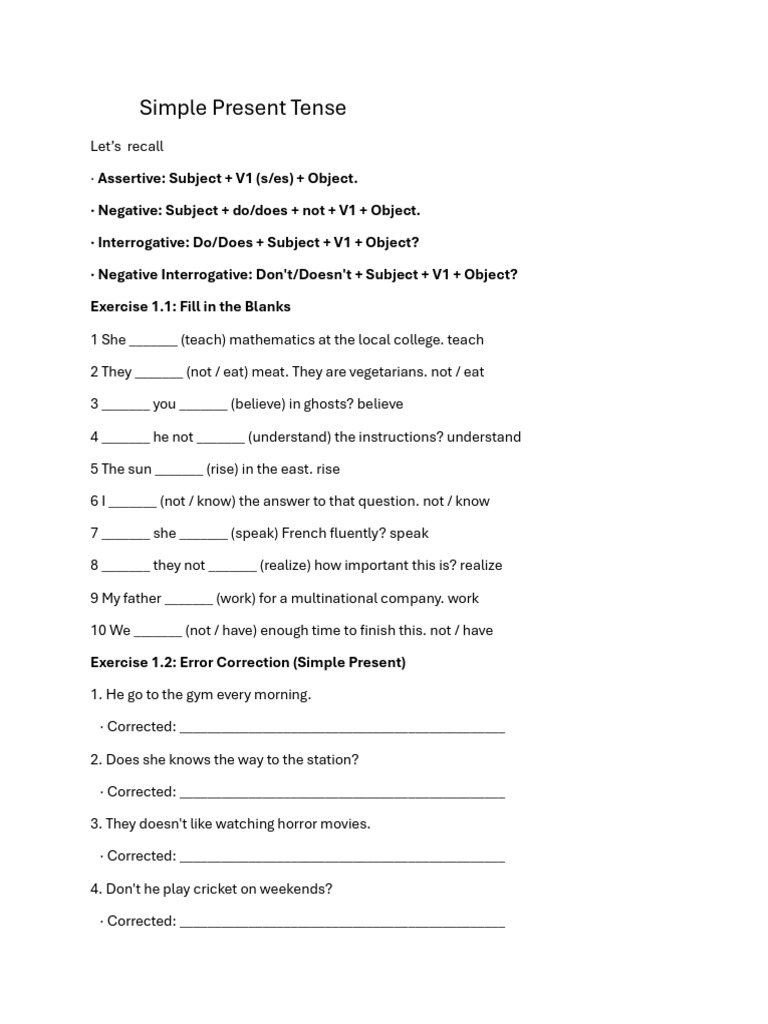 Complete Present Tense Worksheet | PDF | Linguistics | Grammar