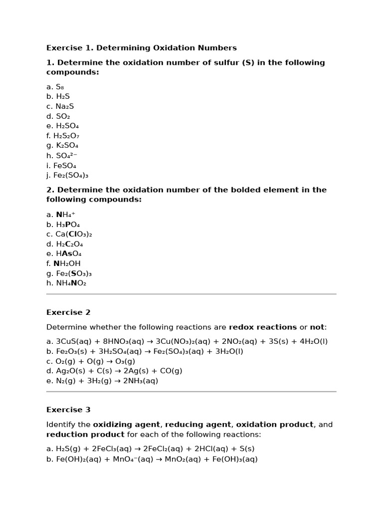 Exercise Oxidation Numbers | PDF | Redox | Chemical Reactions