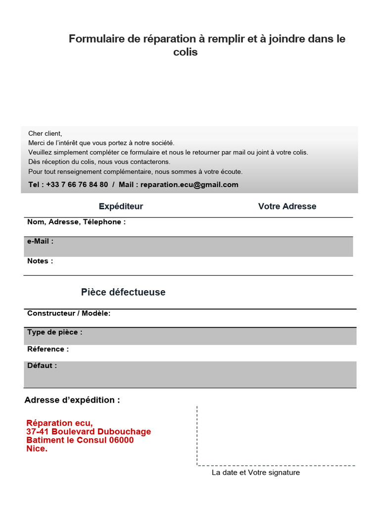 Formulaire de réparation. | PDF