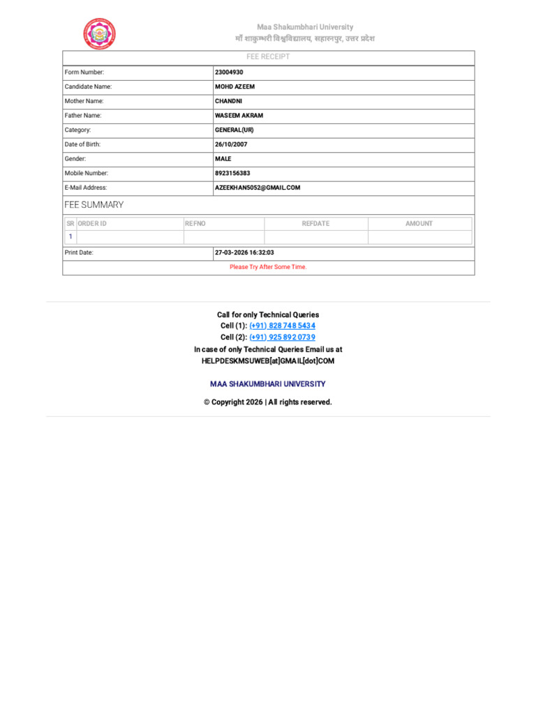 Registration Fee Receipt 2026 | PDF