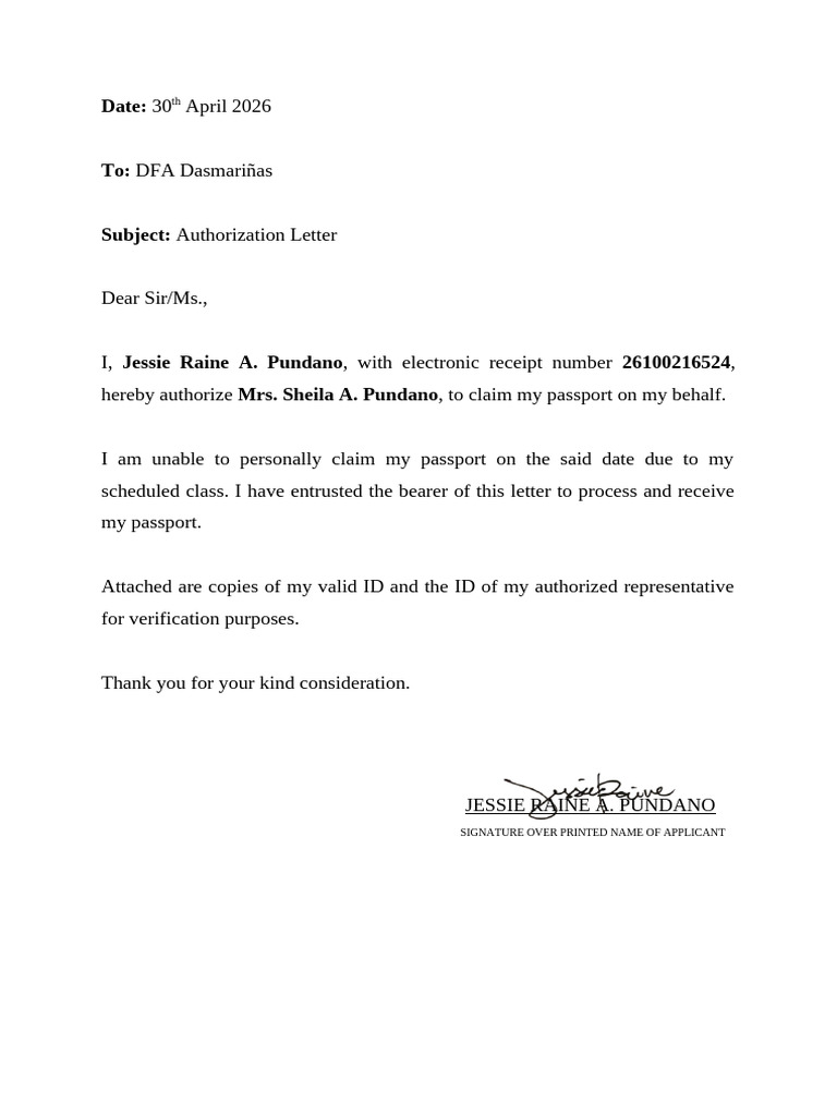 ANNEX 14 - Authorization Letter to Claim Passport | PDF