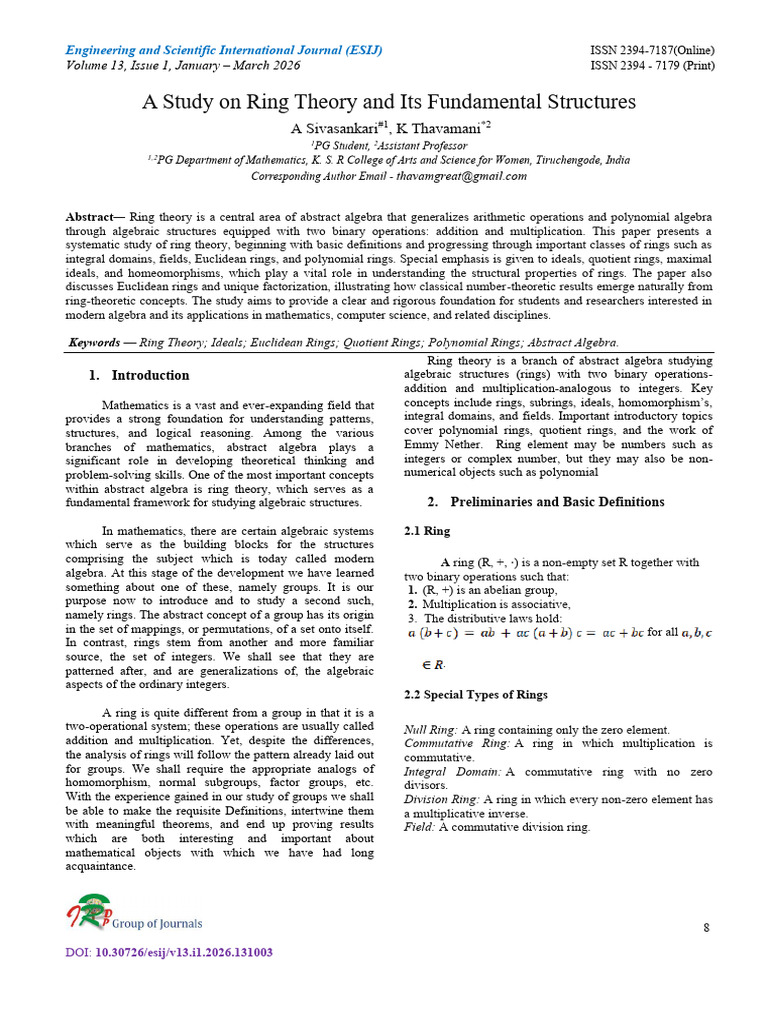 A Study on Ring Theory and Its Fundamental Structures | PDF | Ring ...