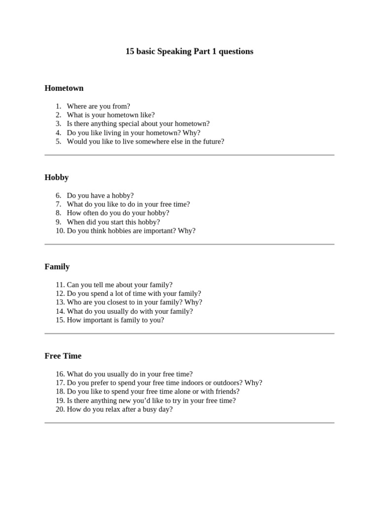 30 Basic Speaking Part 1 Questions | PDF
