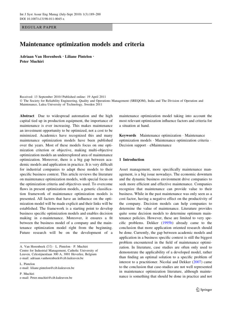 Maintenance Optimization Models and Crit (1) | PDF | Mathematical ...