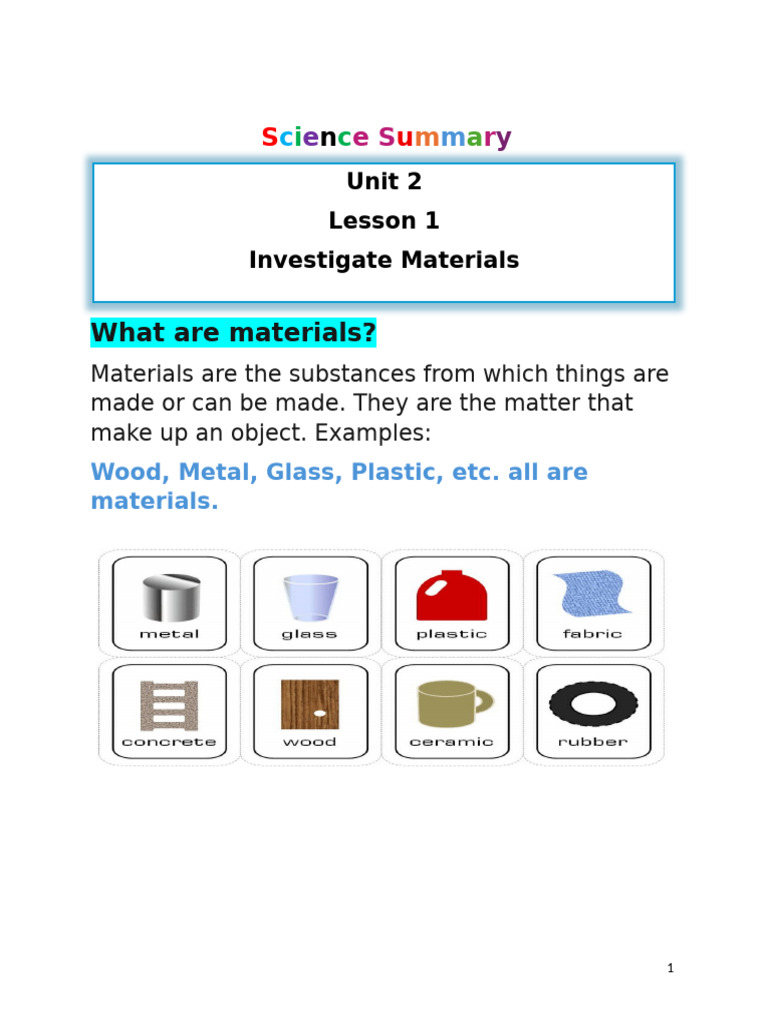 Unit 2 Lesson 1 Investigate Materials- Summary | PDF | Wood | Furniture
