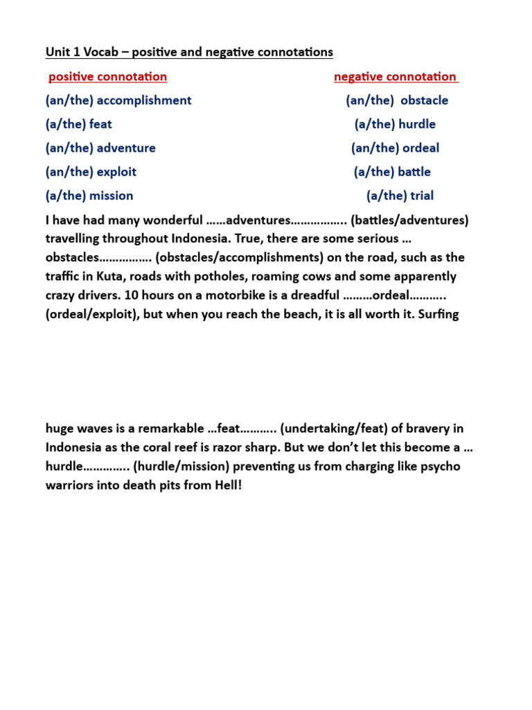 UNit 1 Vocab Positive and Negative Connotations 2425 | PDF