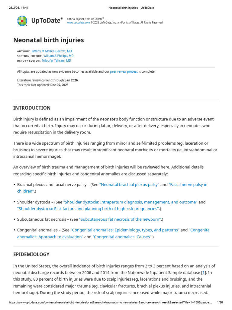 Neonatal Birth Injuries - UpToDate | PDF | Childbirth | Medical Imaging