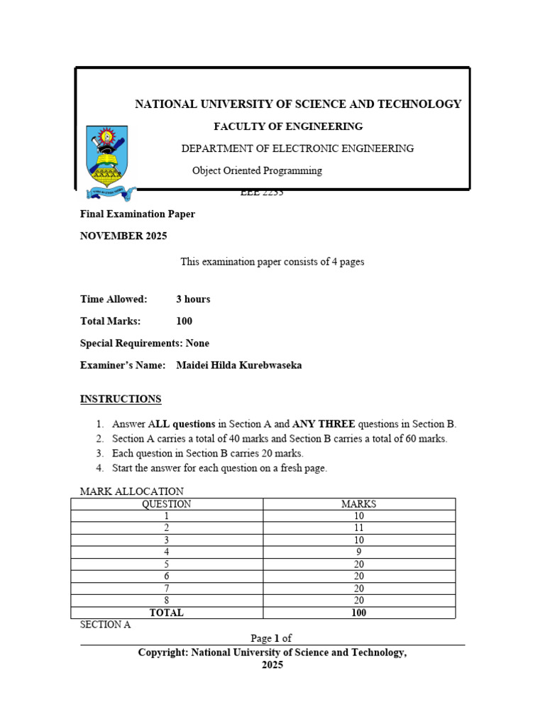 EEE2233 Object Oriented Programming Exam November 2025 | PDF | Object ...