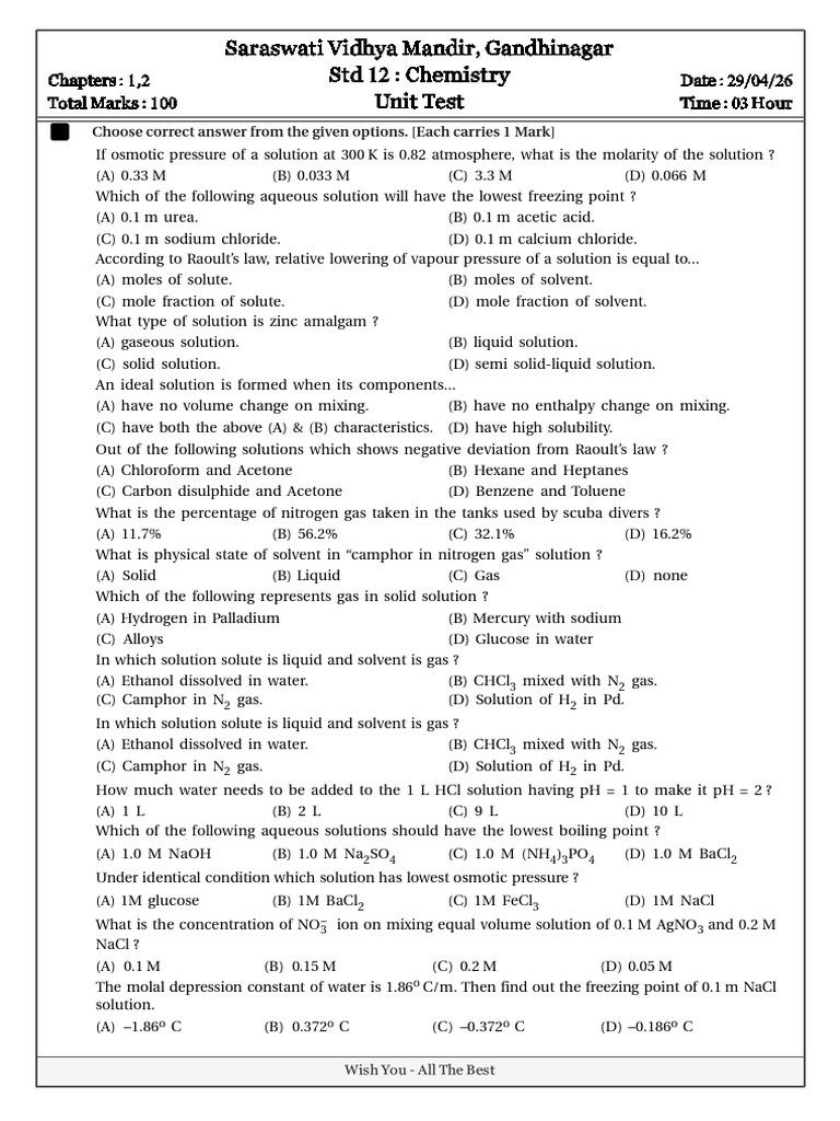 UnitTest D29 Apr 2026 | PDF | Mass Concentration (Chemistry) | Chemistry