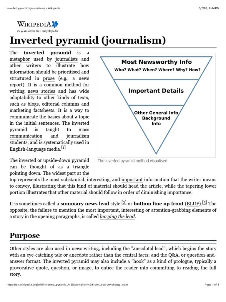 Inverted Pyramid (Journalism) - Wikipedia | PDF | Observation | Mass Media