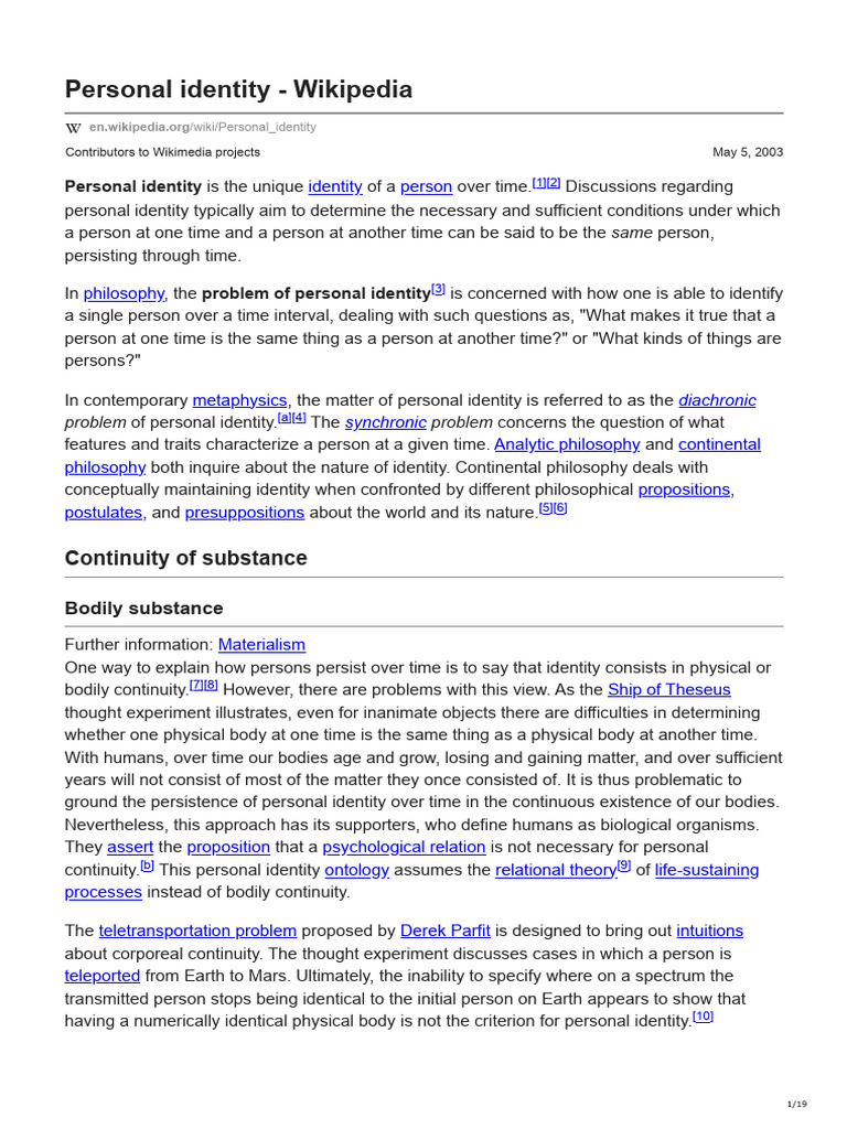 En.wikipedia.org-Personal Identity - Wikipedia | PDF | Philosophy Of ...