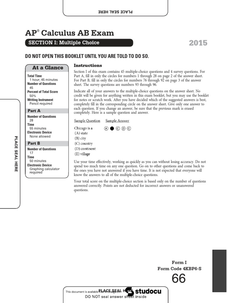 AP Calculus Ab Practice Exam 2015 | PDF | Function (Mathematics ...