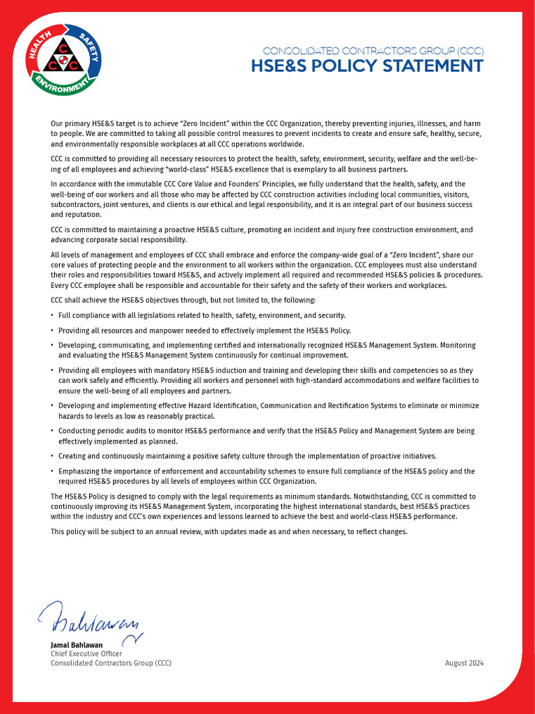 Ccc Hses Policy | PDF | Safety | Regulatory Compliance
