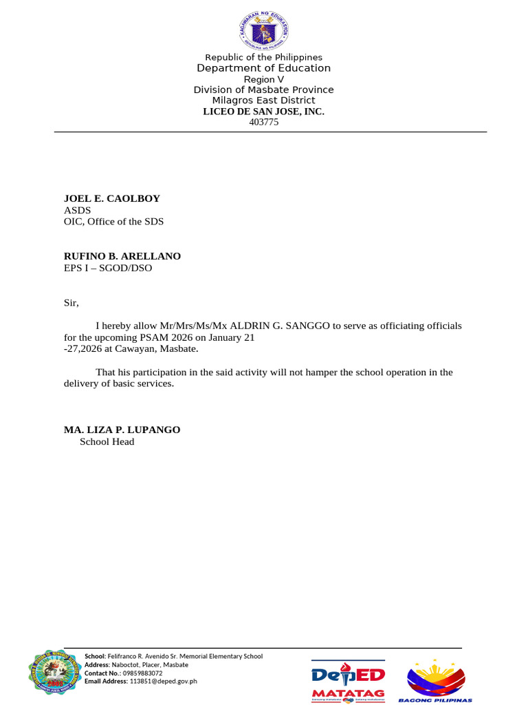 TOs Letter Request for School Heads Approval Laurio | PDF