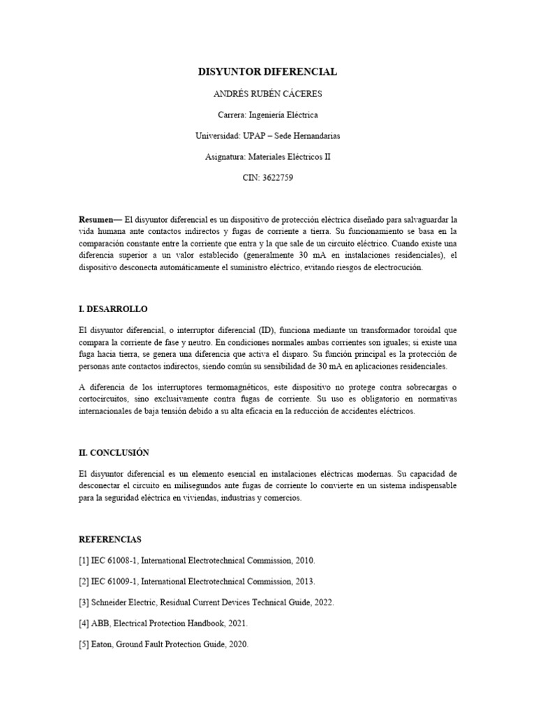 SEMANA IV Extension - Disyuntor Diferencial IEEE - Andres Caceres | PDF