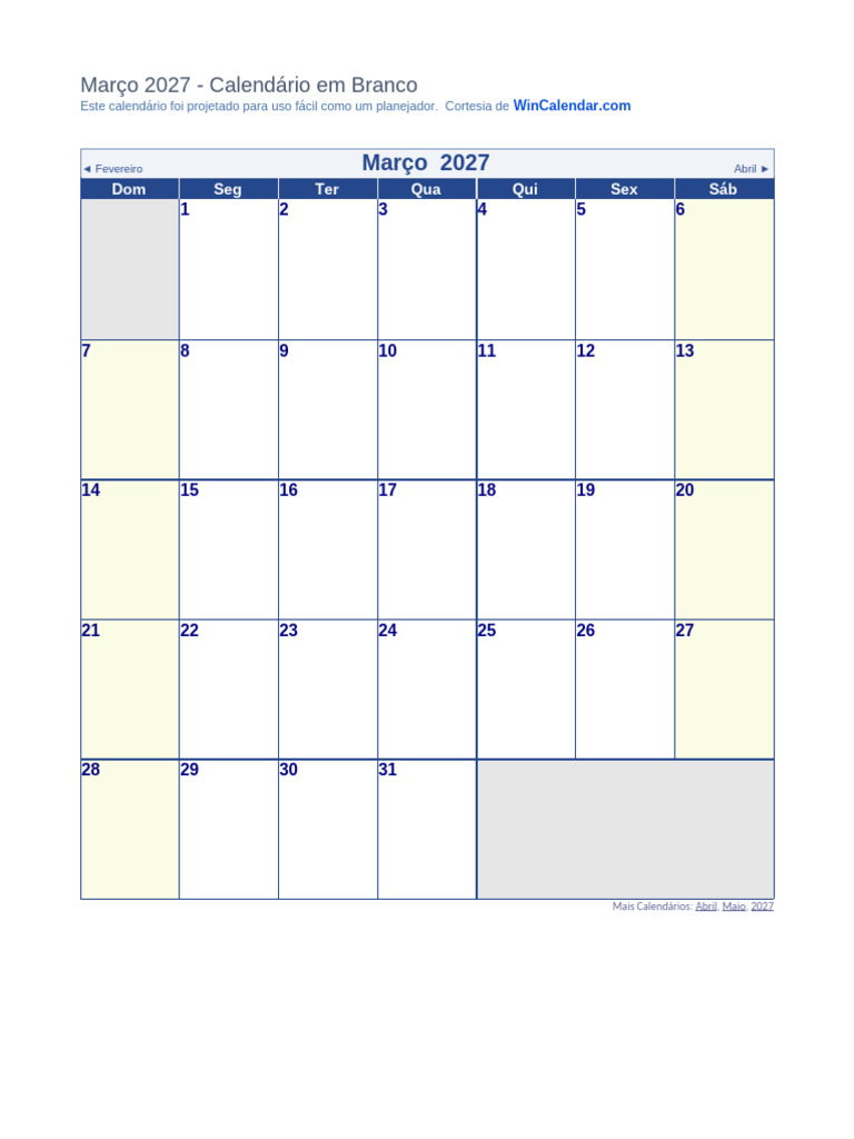 Calendario Março 2027 | PDF