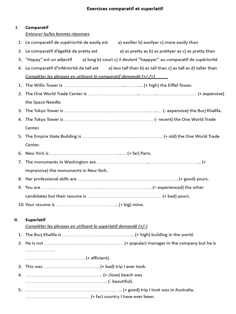 Exercices Comparatif Et Superlatif | PDF