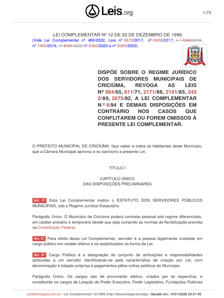 LEI COMPLEMENTAR N°12 1999-Criciuma-SS | PDF | Indenização | Prefeito