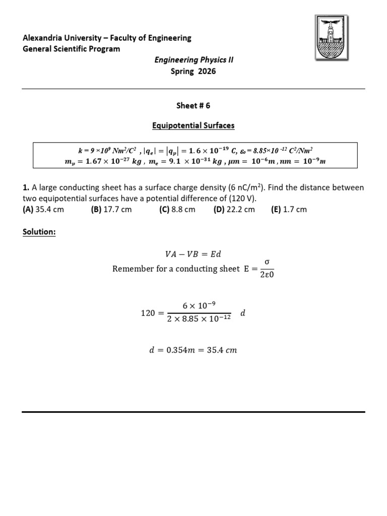 Physics II Sheet 6 Answers 25-4-2026 | PDF | Electric Field | Potential ...