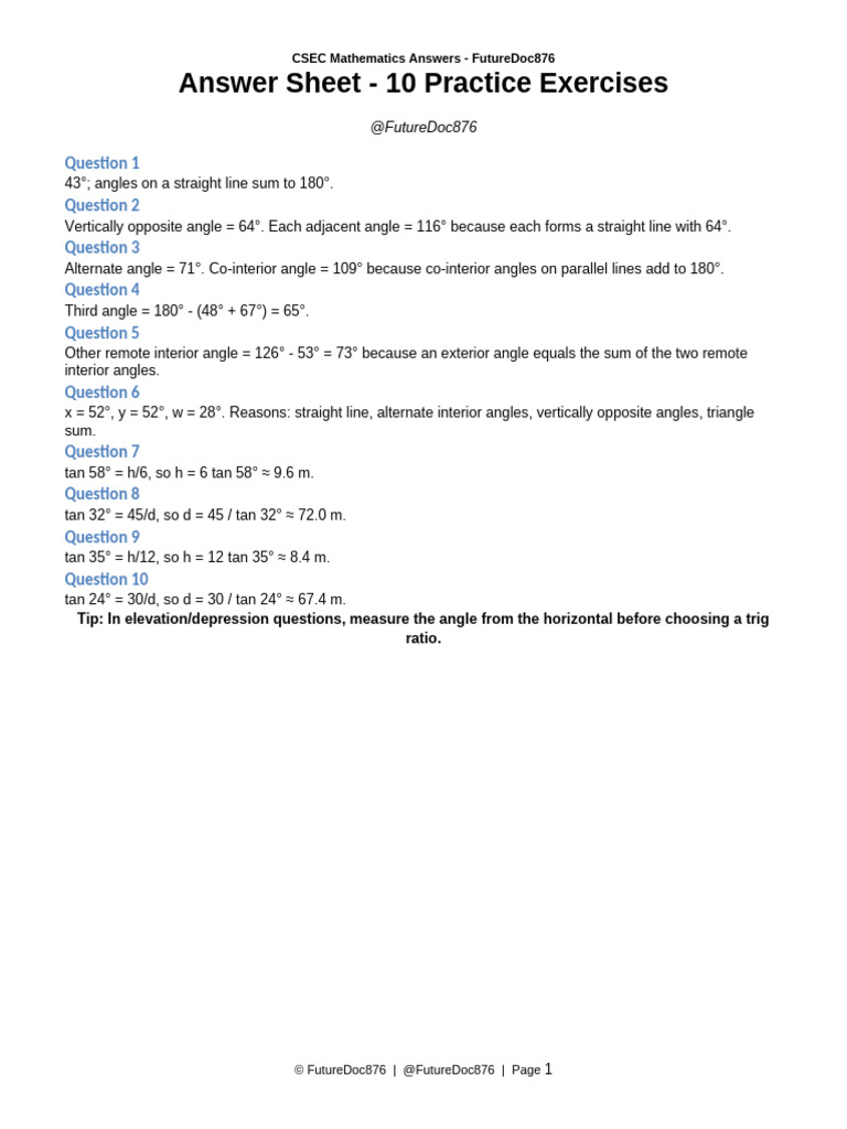 FutureDoc876 CSEC Angles Answer Sheet | PDF