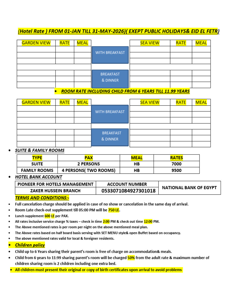 Rack Rate (From 01-Jan Till 31-May-2026 ). | PDF | Meal | Eating ...