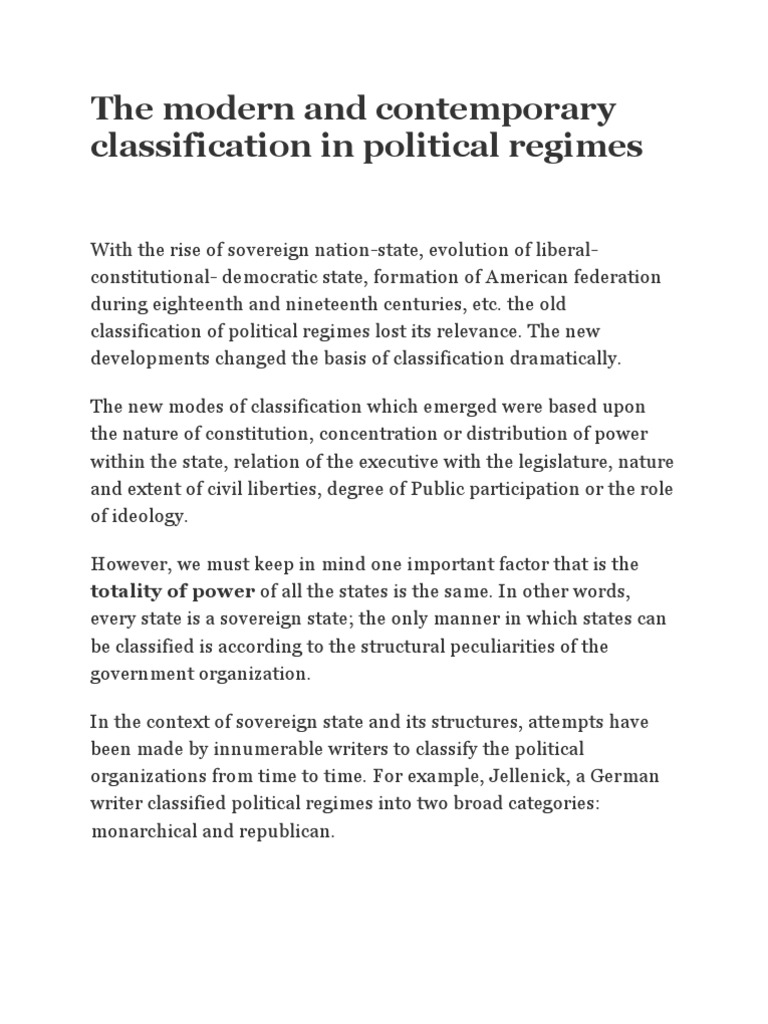 A Comprehensive Review of Modern Classifications of Political Regimes