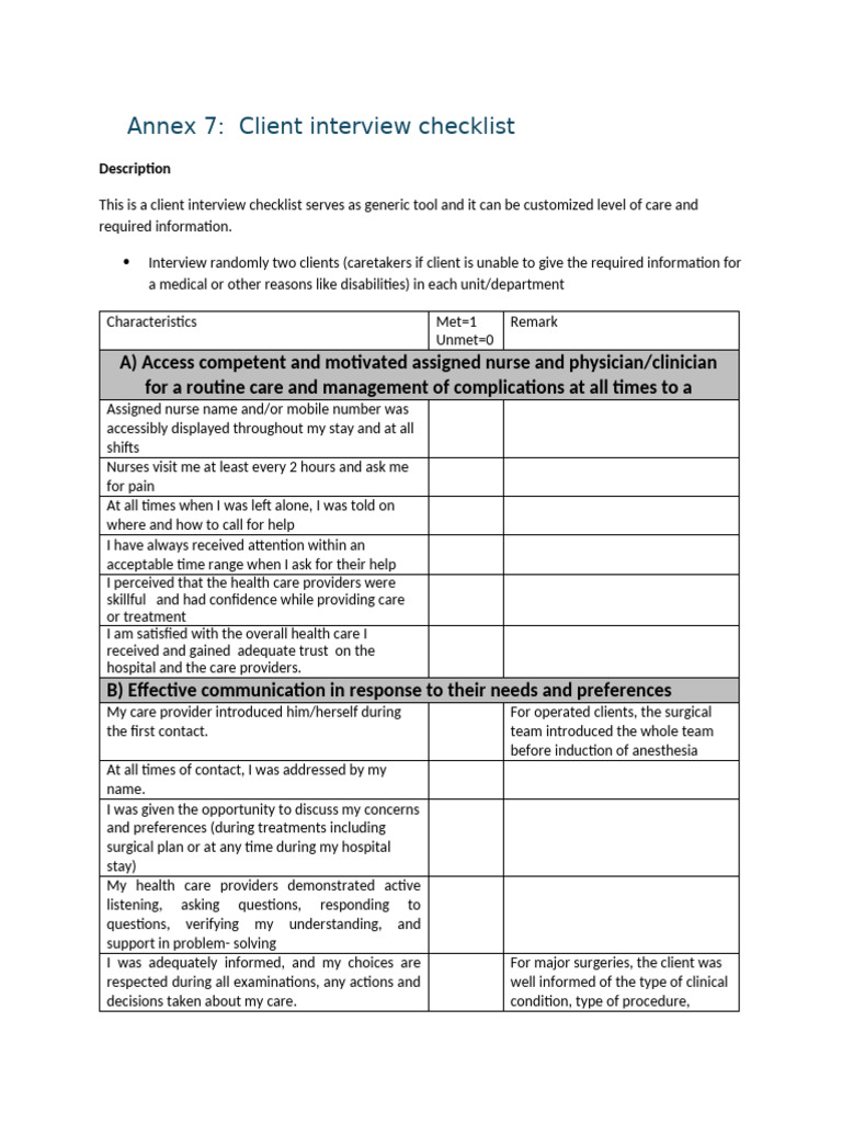 Client Interview Checklist | PDF | Patient | Hospital