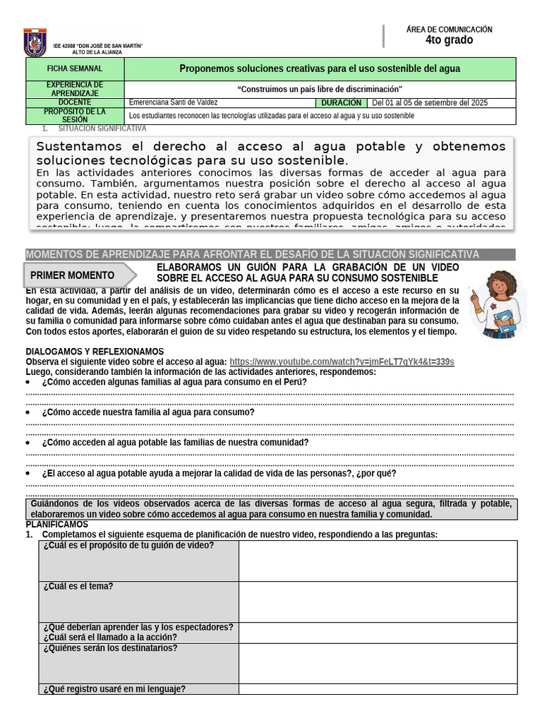 Ficha Semanal Del 01 Al 05 de Setiembre 4to | PDF | Agua | Agua potable