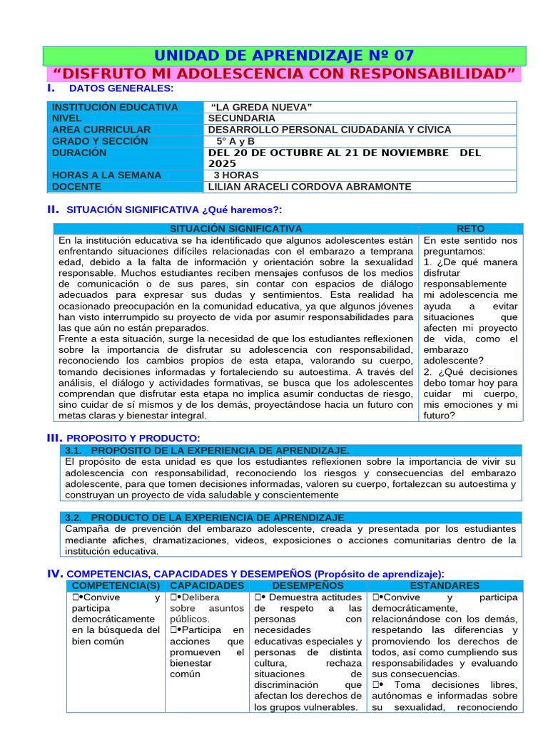 UNIDAD 7 DPCC 5° 2025 LILIAN OCTUBRE | PDF | Evaluación | Aprendizaje