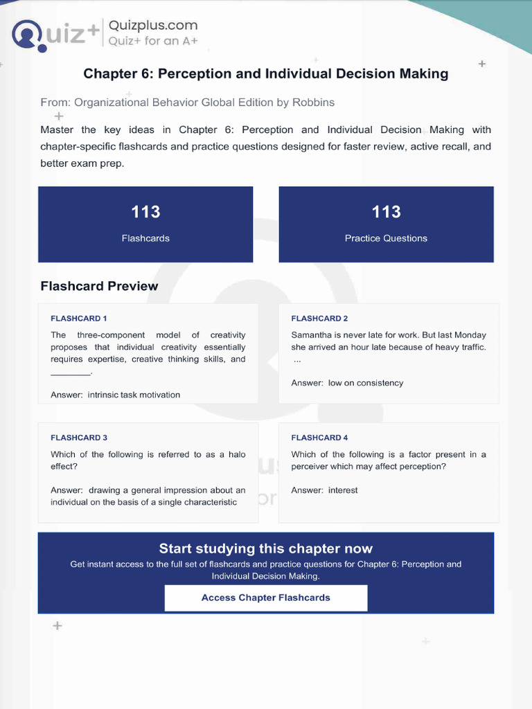 Flashcards for Chapter 6 Perception and Individual Decision Making | PDF