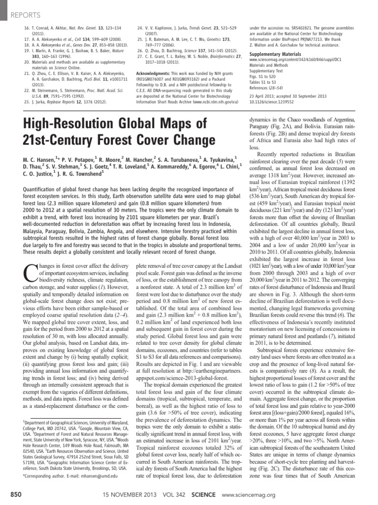 Hansen 2013 | PDF | Deforestation | Forests