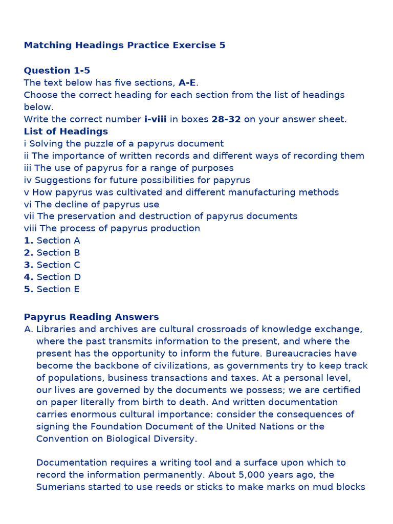 Matching Headings Practice Exercise 5 | PDF | Papyrus