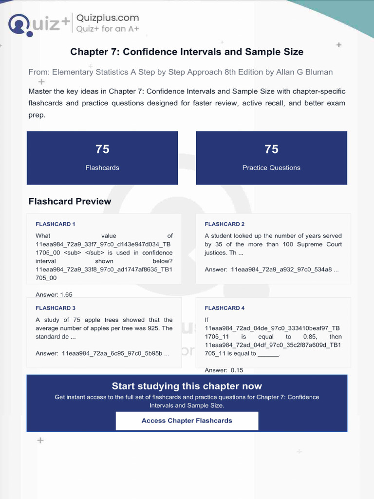 Flashcards for Chapter 7 Confidence Intervals and Sample Size | PDF
