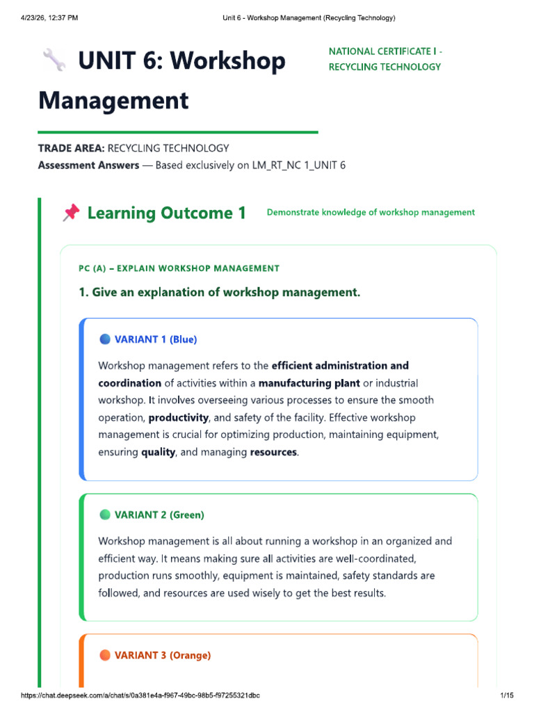 UNIT 6 Workshop Management | PDF