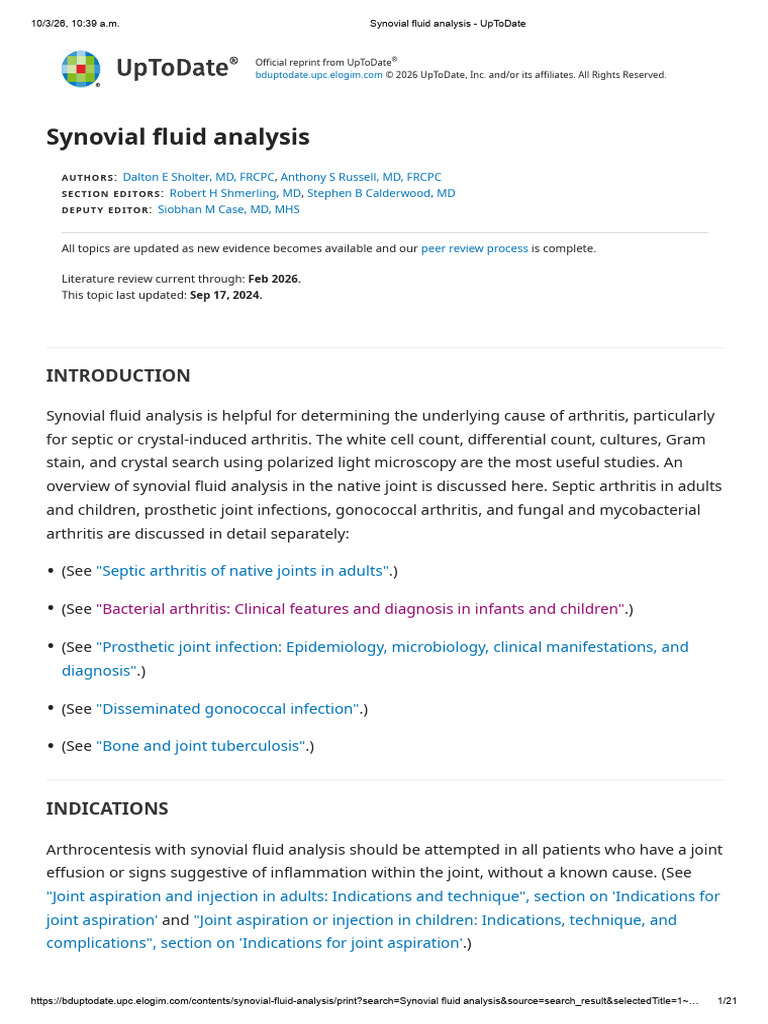 2026 Synovial fluid analysis - UpToDate (1) | PDF | Gout | Arthritis
