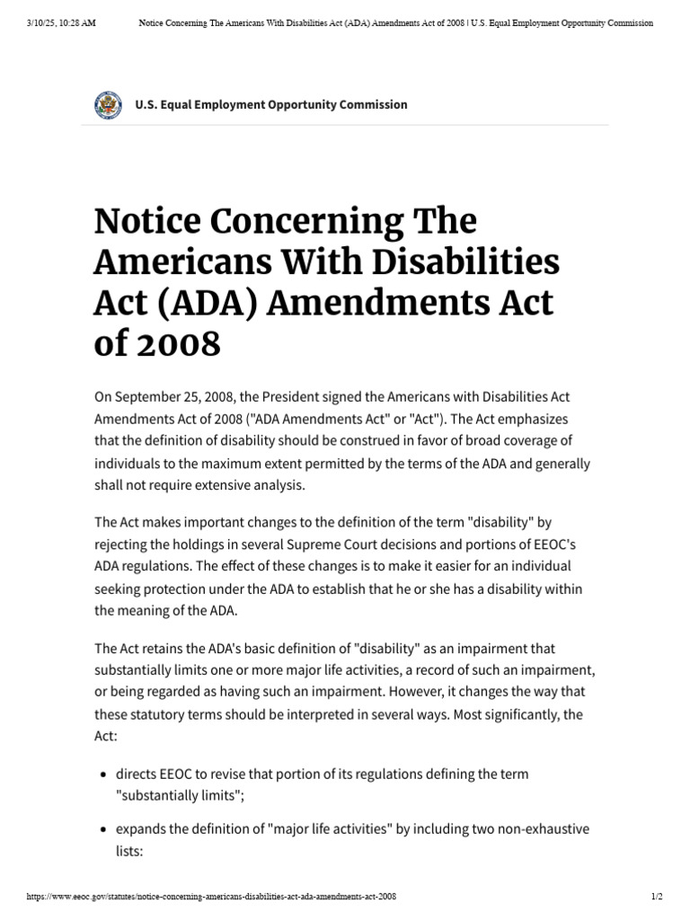 EEOC Guidance - ADA Amendments Act of 2008 (ADAAA Notice) | PDF ...