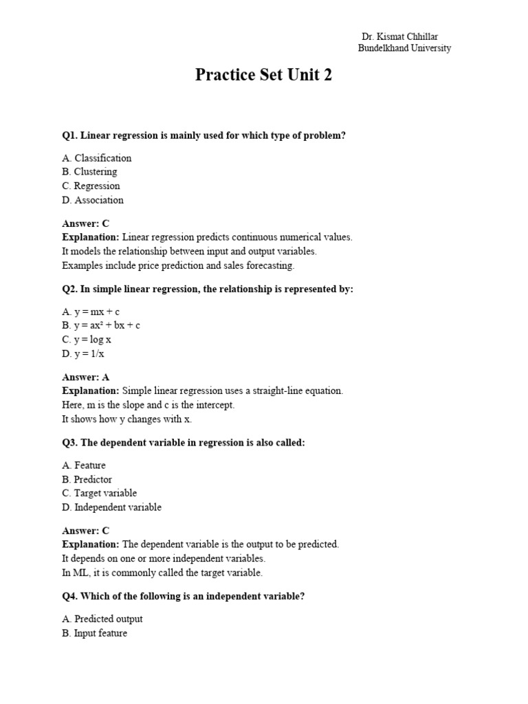 Practice Set Unit 2 | PDF | Support Vector Machine | Errors And Residuals