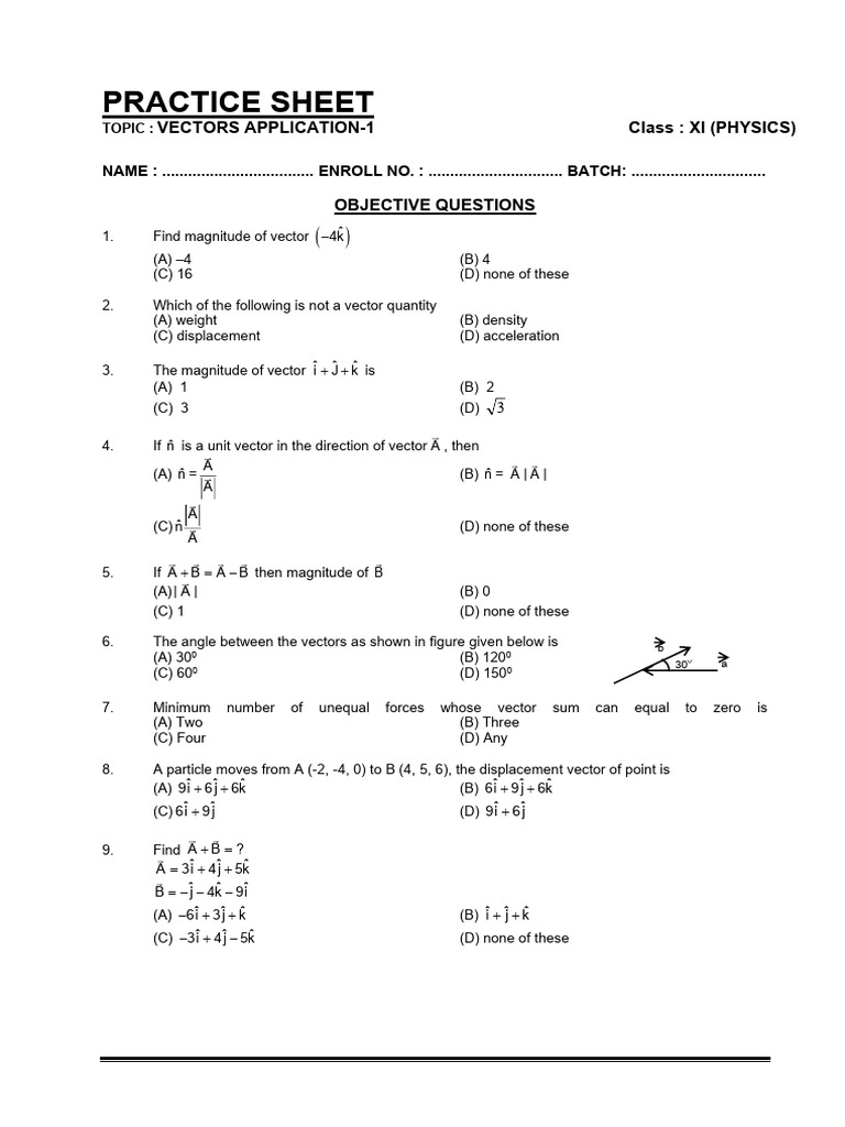 Practice Sheet_Vectors Application | PDF | Euclidean Vector | Motion ...