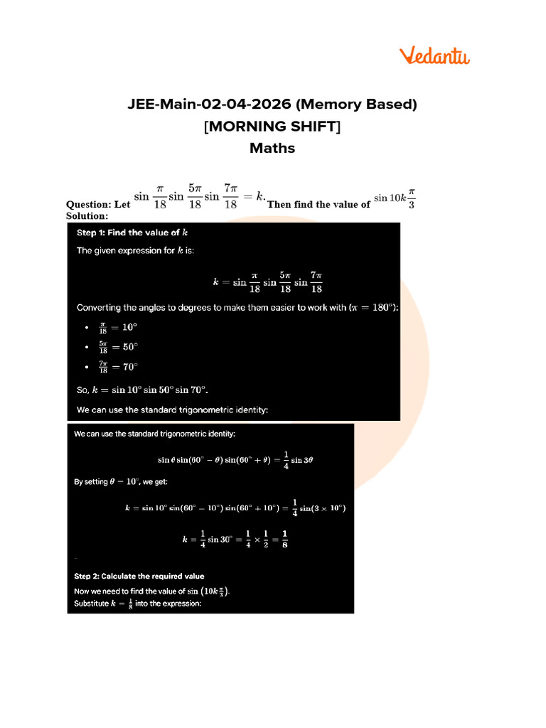 JEE Main 2026 April 2nd Maths Shift 1 Question Paper With Solutions PDF ...