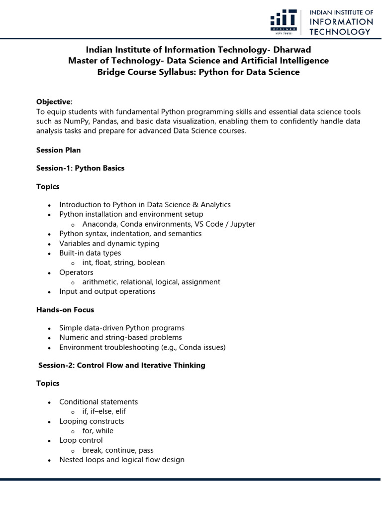 IIITD Syllabus-Python for Data Science_bridge Course | PDF | Python ...