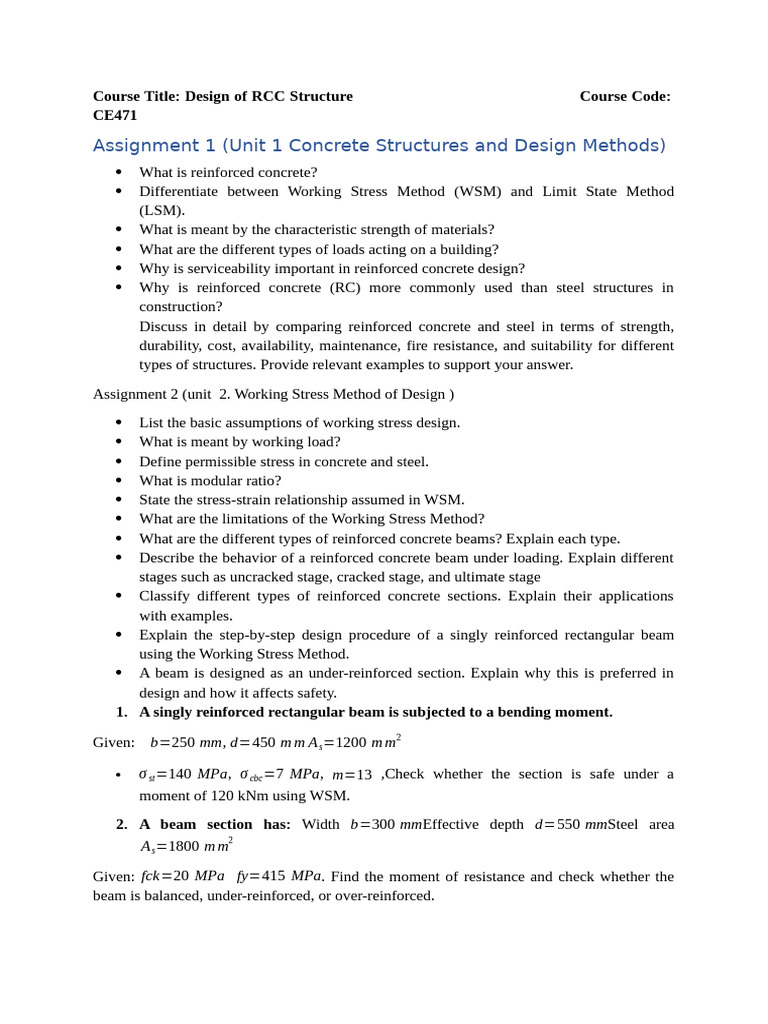 RCC Assignment | PDF | Beam (Structure) | Reinforced Concrete
