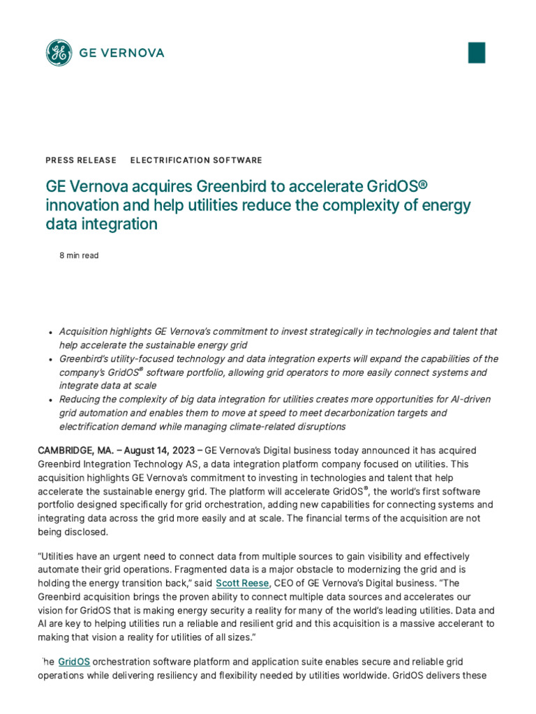 GE News _ GE Vernova Acquires Greenbird to Accelerate GridOS ...
